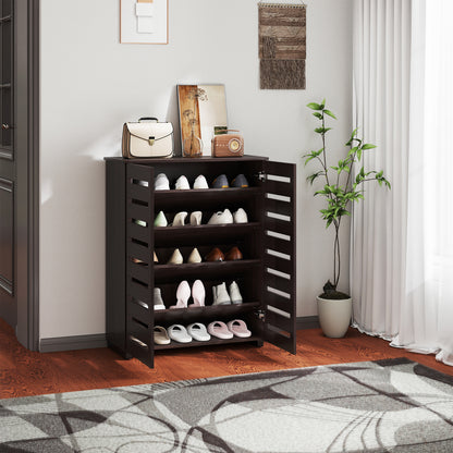 Shoe Storage Cabinet with Slatted Doors for 15 Pairs of Shoes Brown