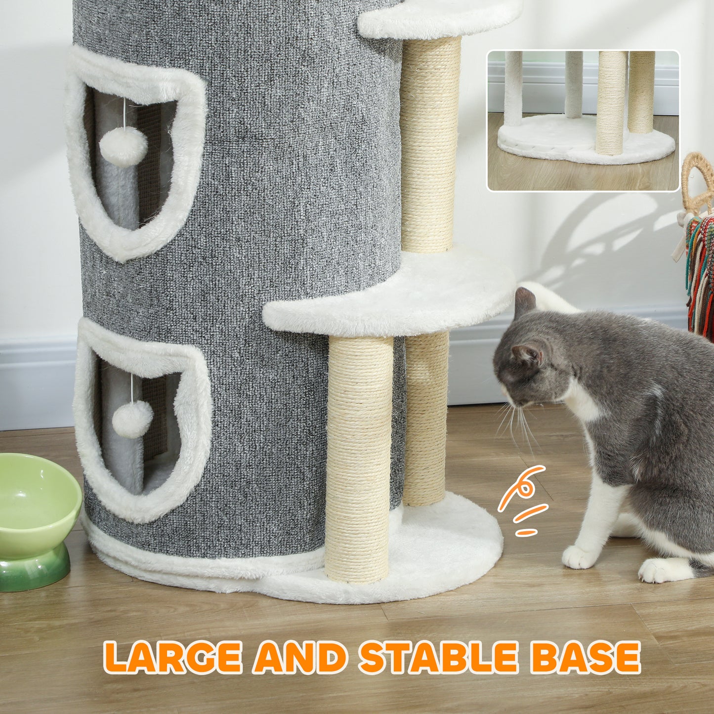 101 cm Cat Tree, 3-Tier Cat Barrel Cave Kitten Bed for Indoor, Kitty Tower House with 3 Condos, Sisal Scratching Posts, Jumping Platform, Grey