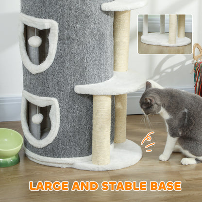 101 cm Cat Tree, 3-Tier Cat Barrel Cave Kitten Bed for Indoor, Kitty Tower House with 3 Condos, Sisal Scratching Posts, Jumping Platform, Grey
