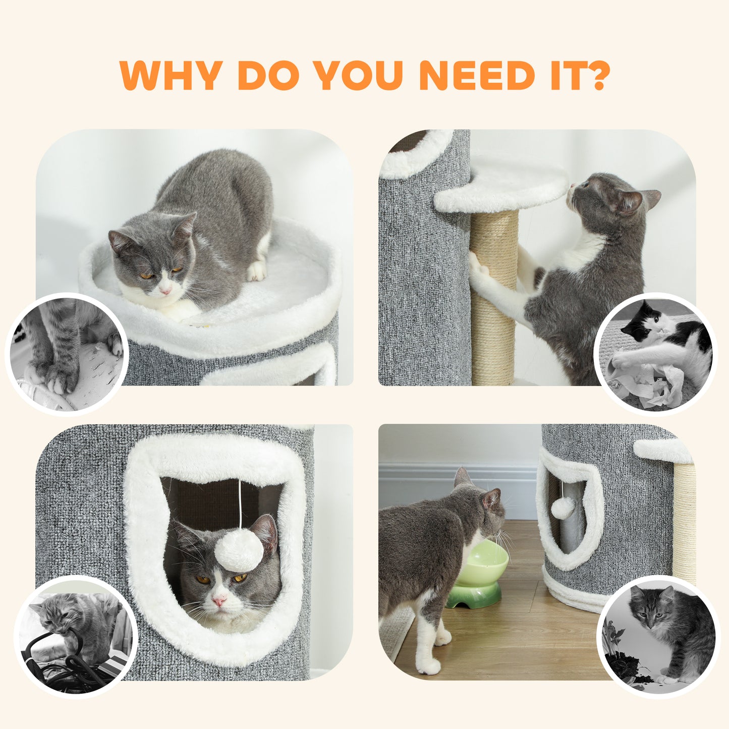 101 cm Cat Tree, 3-Tier Cat Barrel Cave Kitten Bed for Indoor, Kitty Tower House with 3 Condos, Sisal Scratching Posts, Jumping Platform, Grey