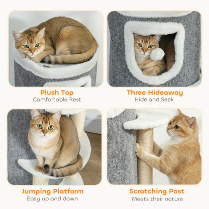 101 cm Cat Tree, 3-Tier Cat Barrel Cave Kitten Bed for Indoor, Kitty Tower House with 3 Condos, Sisal Scratching Posts, Jumping Platform, Grey
