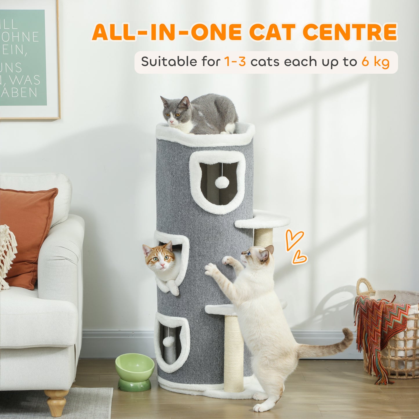 101 cm Cat Tree, 3-Tier Cat Barrel Cave Kitten Bed for Indoor, Kitty Tower House with 3 Condos, Sisal Scratching Posts, Jumping Platform, Grey