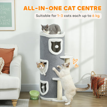 101 cm Cat Tree, 3-Tier Cat Barrel Cave Kitten Bed for Indoor, Kitty Tower House with 3 Condos, Sisal Scratching Posts, Jumping Platform, Grey