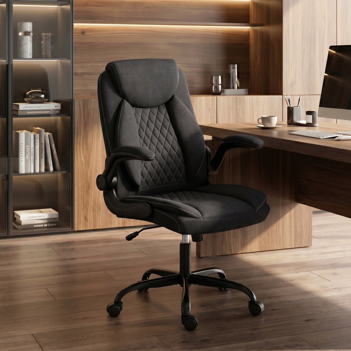 Linen-Look Computer Desk Chair with Thick Cushion, Black