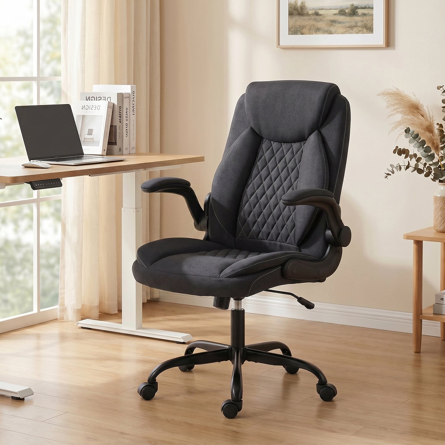 Linen-Look Computer Desk Chair with Thick Cushion, Black