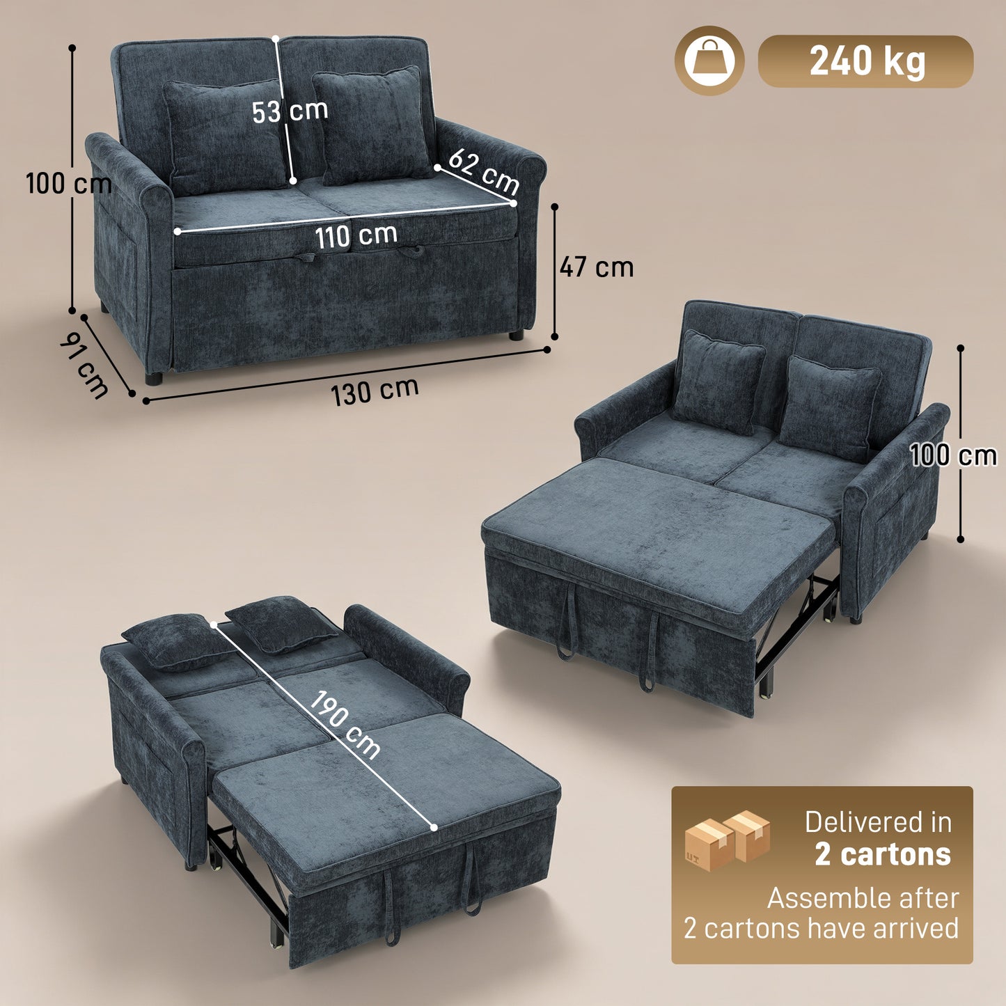 2 Seater Sofa Bed, 3-in-1 Convertible Pull Out Sofa Bed, Dark Blue