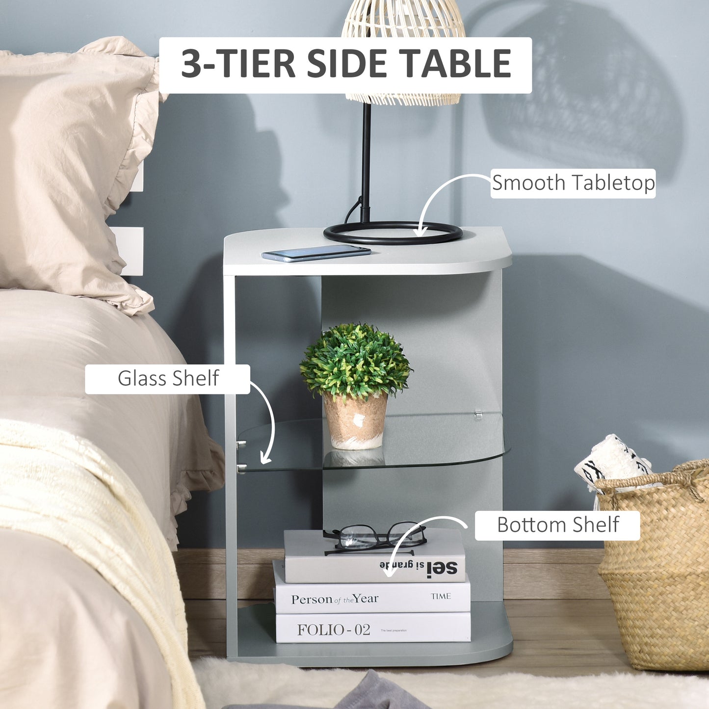 Modern Side Table Three Layer Bedside Table w/ Storage Shelves, Grey