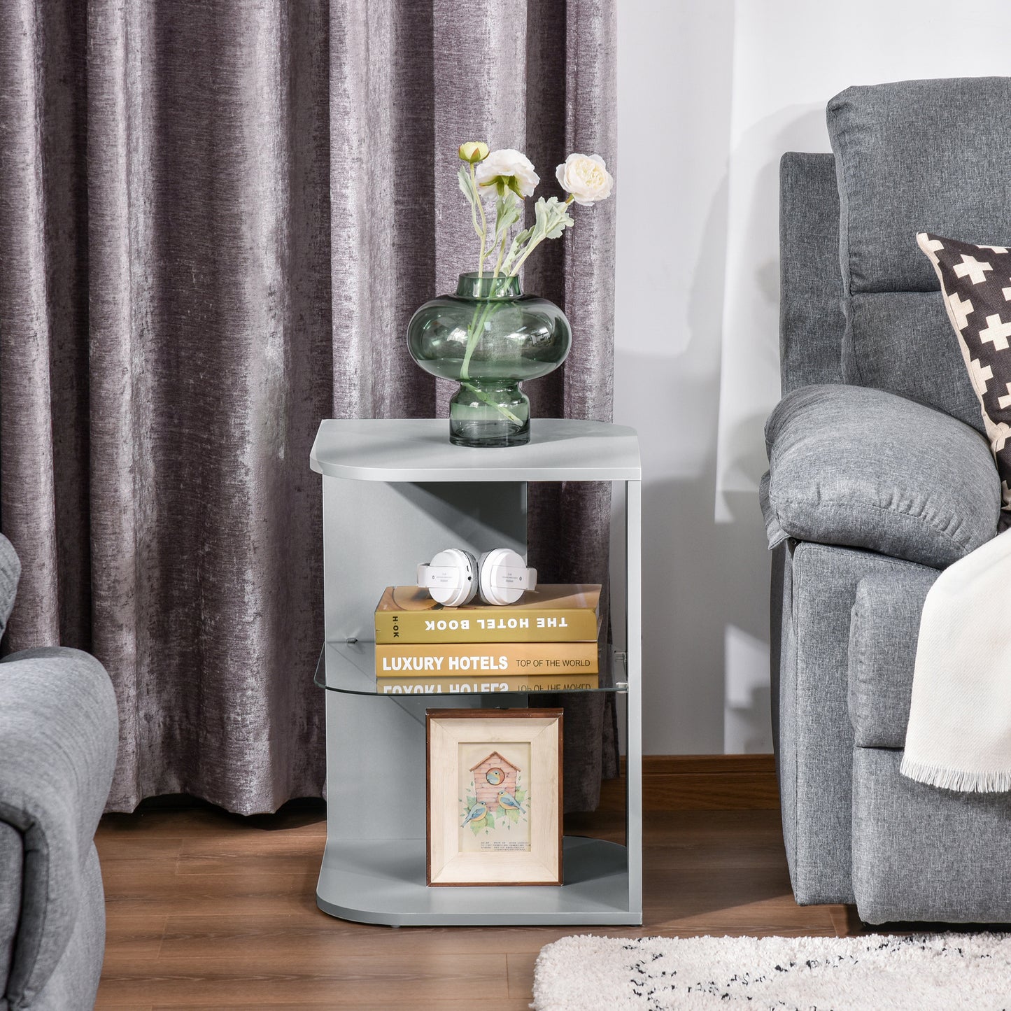 Modern Side Table Three Layer Bedside Table w/ Storage Shelves, Grey