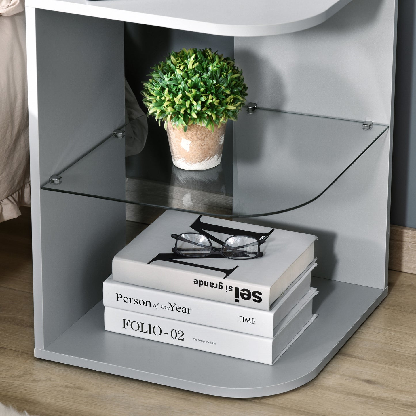Modern Side Table Three Layer Bedside Table w/ Storage Shelves, Grey