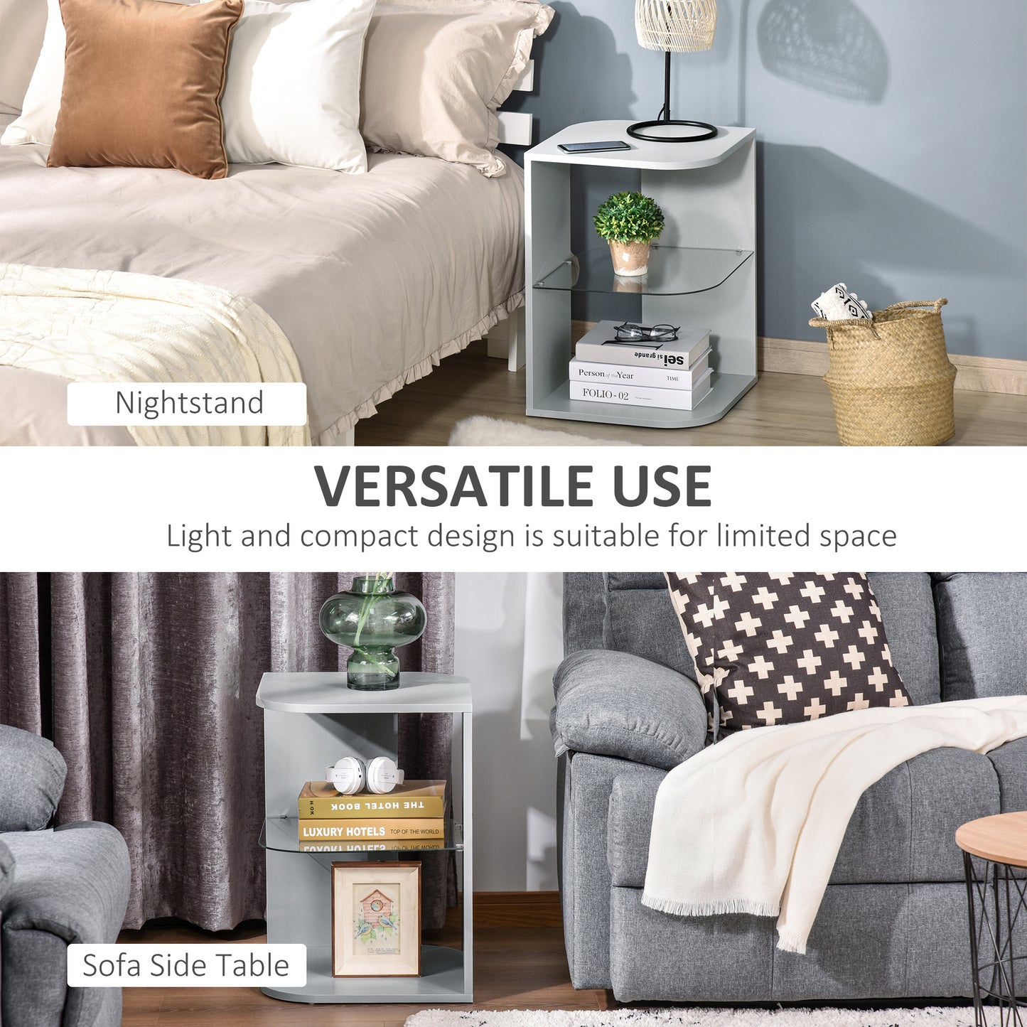 Modern Side Table Three Layer Bedside Table w/ Storage Shelves, Grey