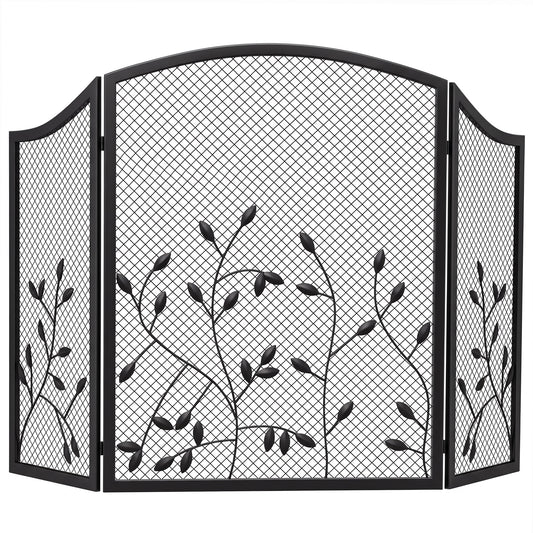 3-Panel Folding Fireplace Screen for Protection, Black