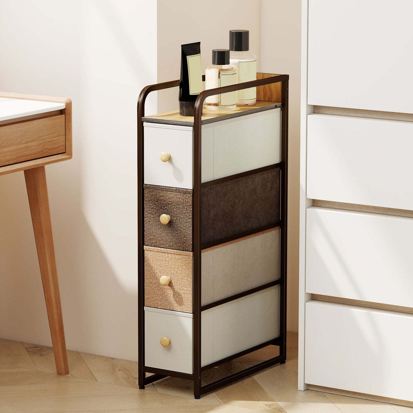 4-Drawer Storage Organiser Unit with Steel Frame, Mixed-Brown