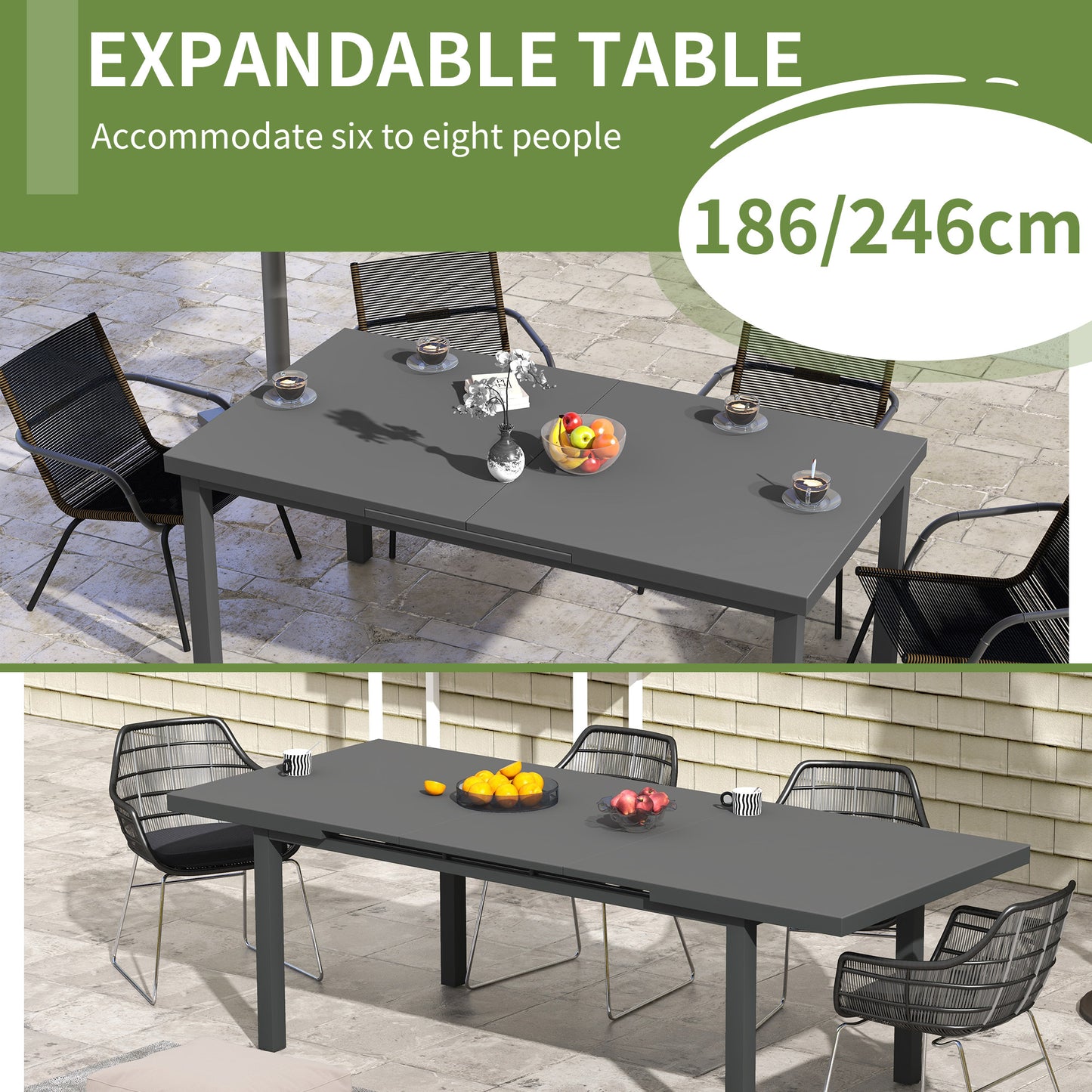 Extending Garden Table Outdoor for 6-8 People, Aluminium Frame