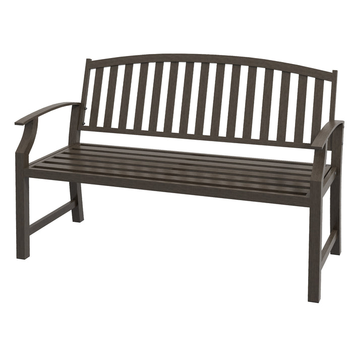 Garden Bench, Outdoor Metal Bench with Slatted Seat and Backrest, Curved Armrest, for Conservatory, Garden, Poolside, Deck, Brown