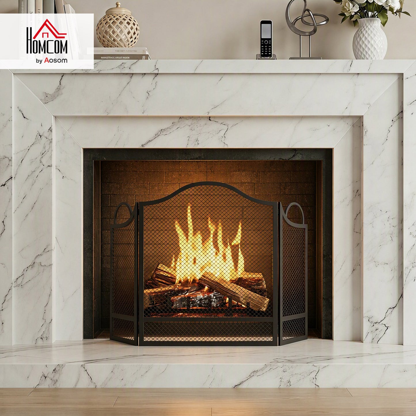 Floral 3-Panel Folding Fireplace Screen for Protection, Black