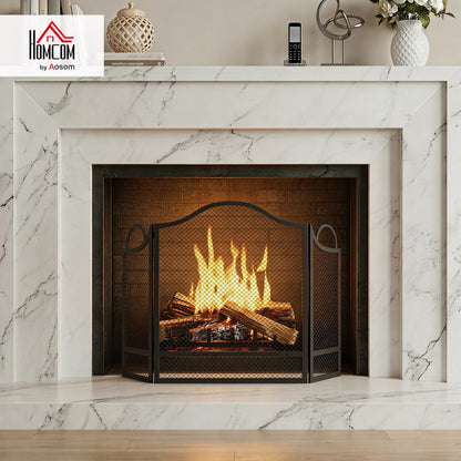 Floral 3-Panel Folding Fireplace Screen for Protection, Black