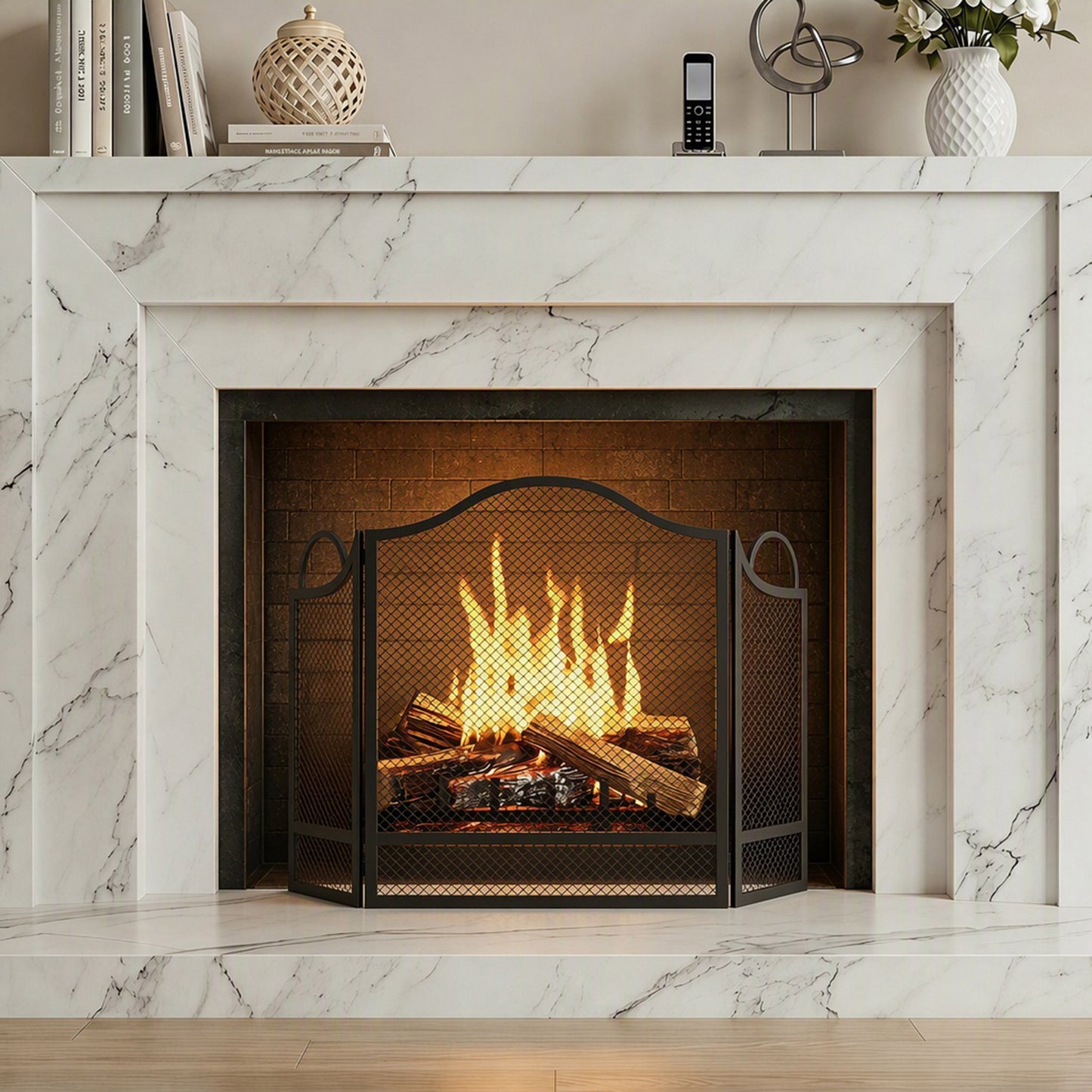 Floral 3-Panel Folding Fireplace Screen for Protection, Black