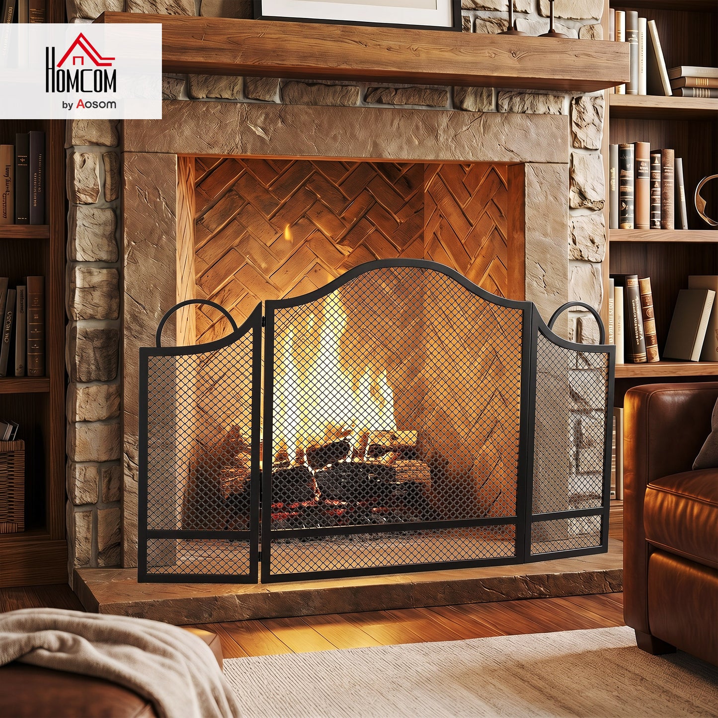 Floral 3-Panel Folding Fireplace Screen for Protection, Black