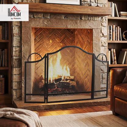 Floral 3-Panel Folding Fireplace Screen for Protection, Black