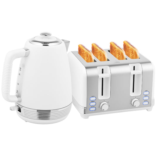 1.7L 3000W Quick Boil Kettle and 4 Slice Toaster Set Crumb Tray White