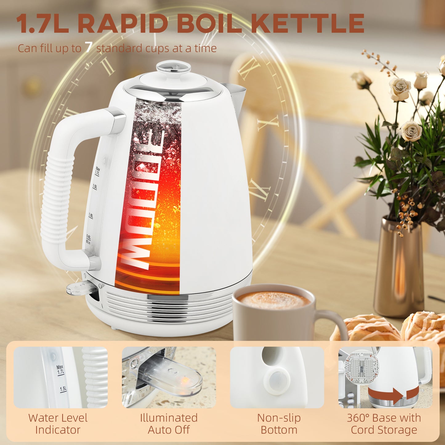 1.7L 3000W Quick Boil Kettle and 4 Slice Toaster Set Crumb Tray White