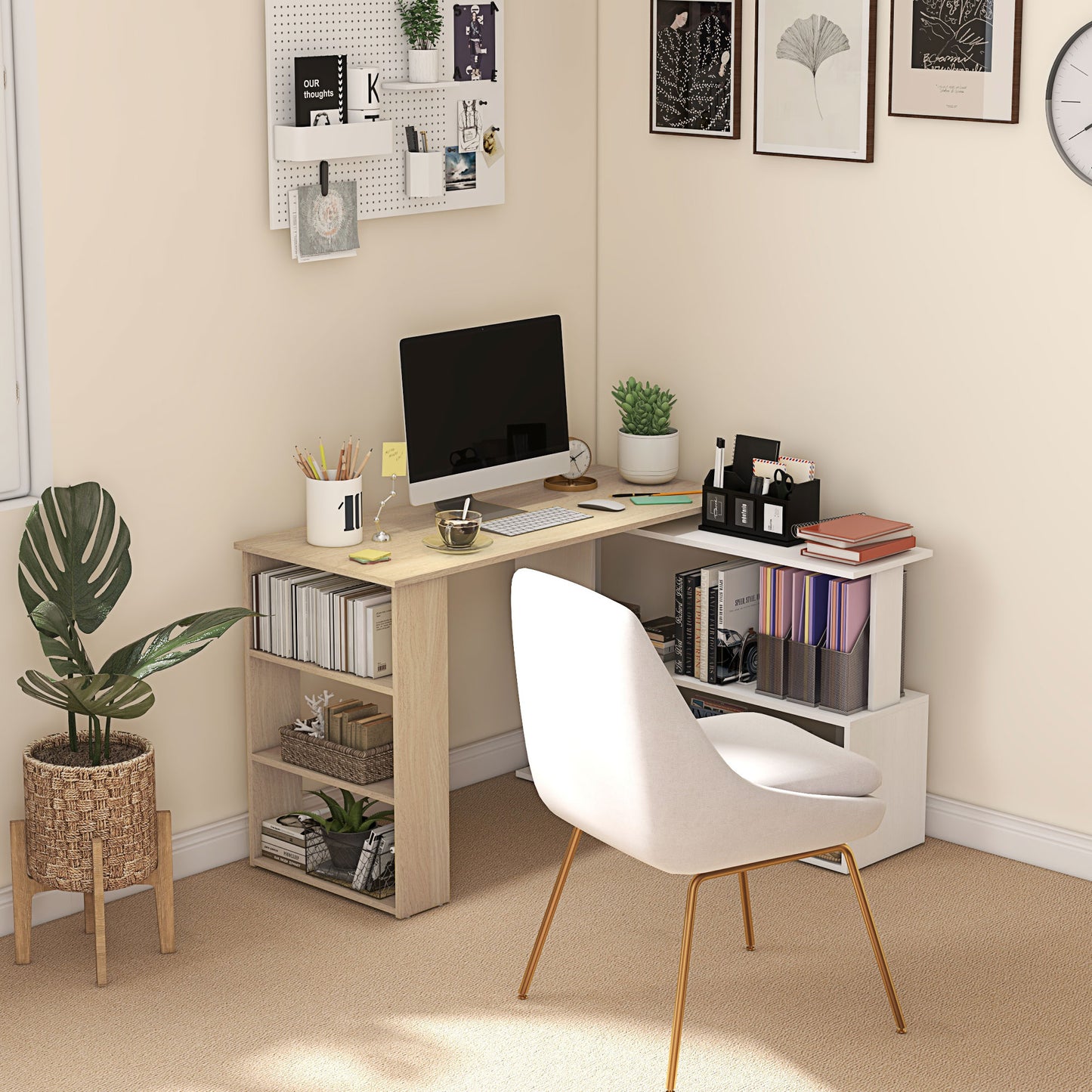 Corner Desk with Rotating Design and Bookshelf, Natural and White