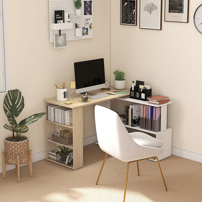 Corner Desk with Rotating Design and Bookshelf, Natural and White