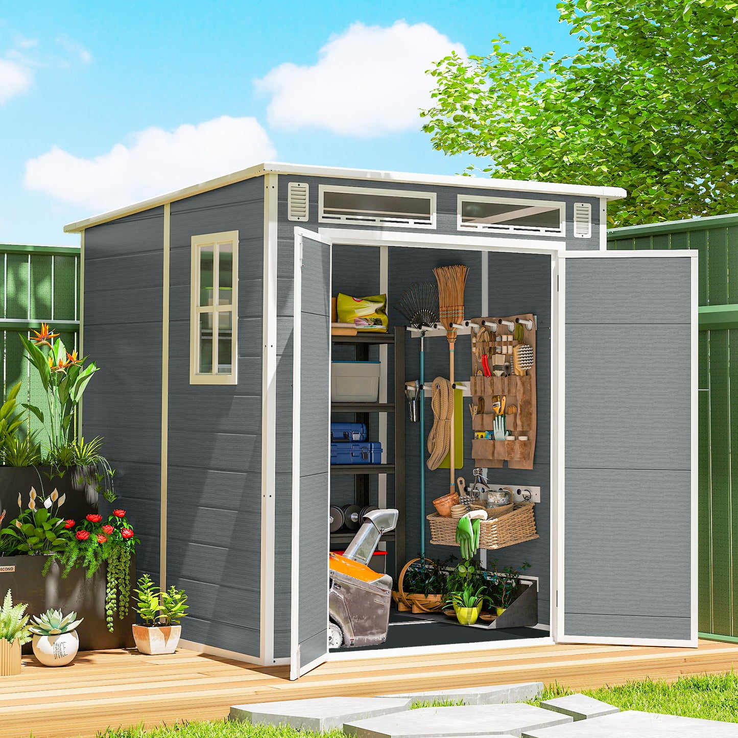 6 x 6 ft Plastic Garden Shed with Floor, Lockable Doors, Grey