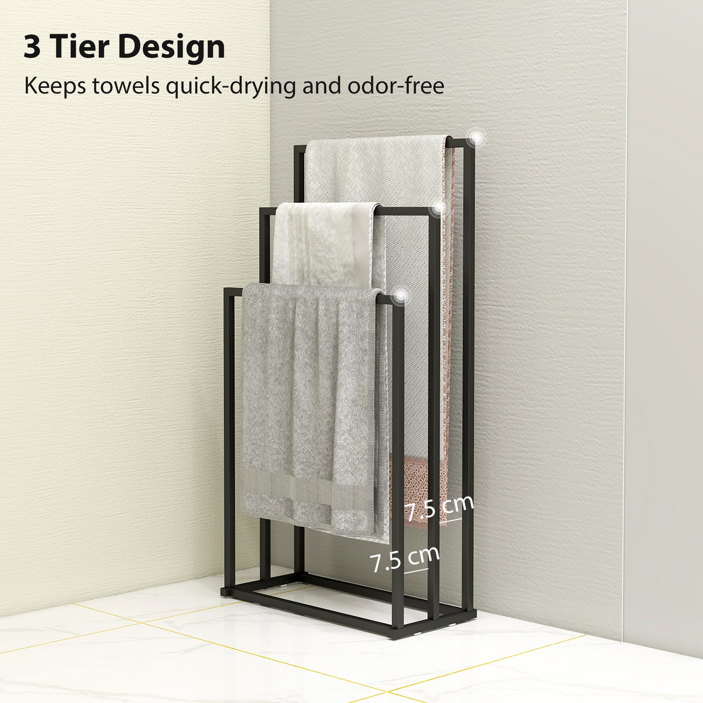 Freestanding Towel Rack, Steel Towel Rail Holder with 3 Bars, Space Saving for Home, Bathroom, 45 x 21.5 x 85 cm, Black