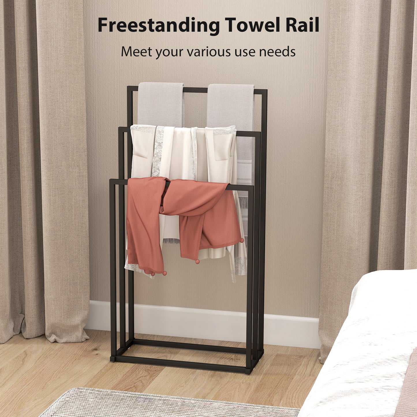 Freestanding Towel Rack, Steel Towel Rail Holder with 3 Bars, Space Saving for Home, Bathroom, 45 x 21.5 x 85 cm, Black