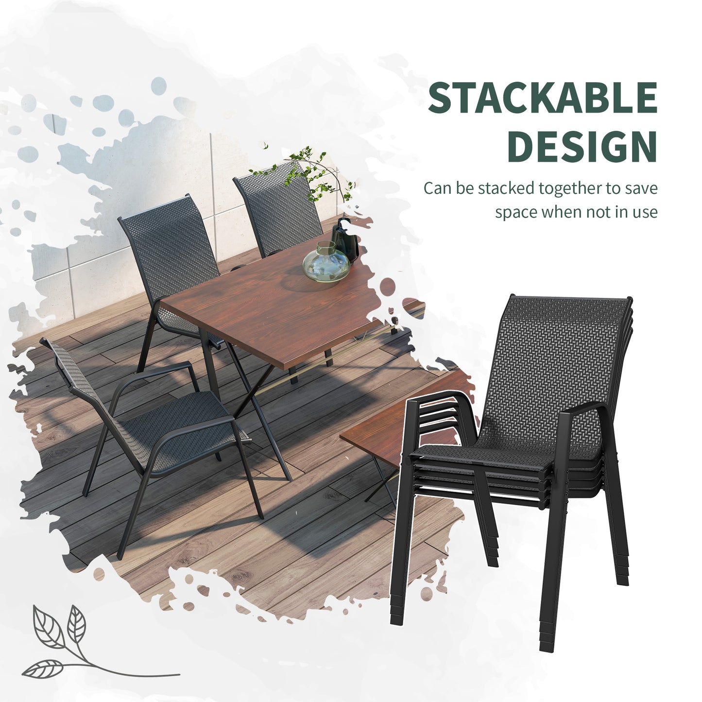 Stackable Outdoor Rattan Chairs Set of 4 with Armrests and Backrest, Grey