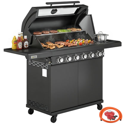 6+1 Burner Gas BBQ Grill, Barbecue Grill with Warming Rack, Black