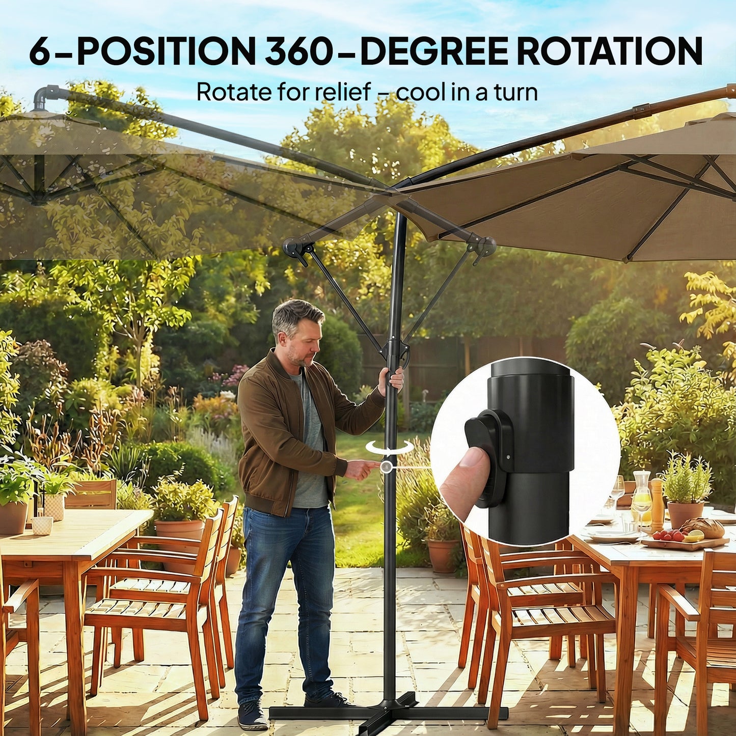 3 m Garden Cantilever Parasol with Cover, Rotation, Khaki