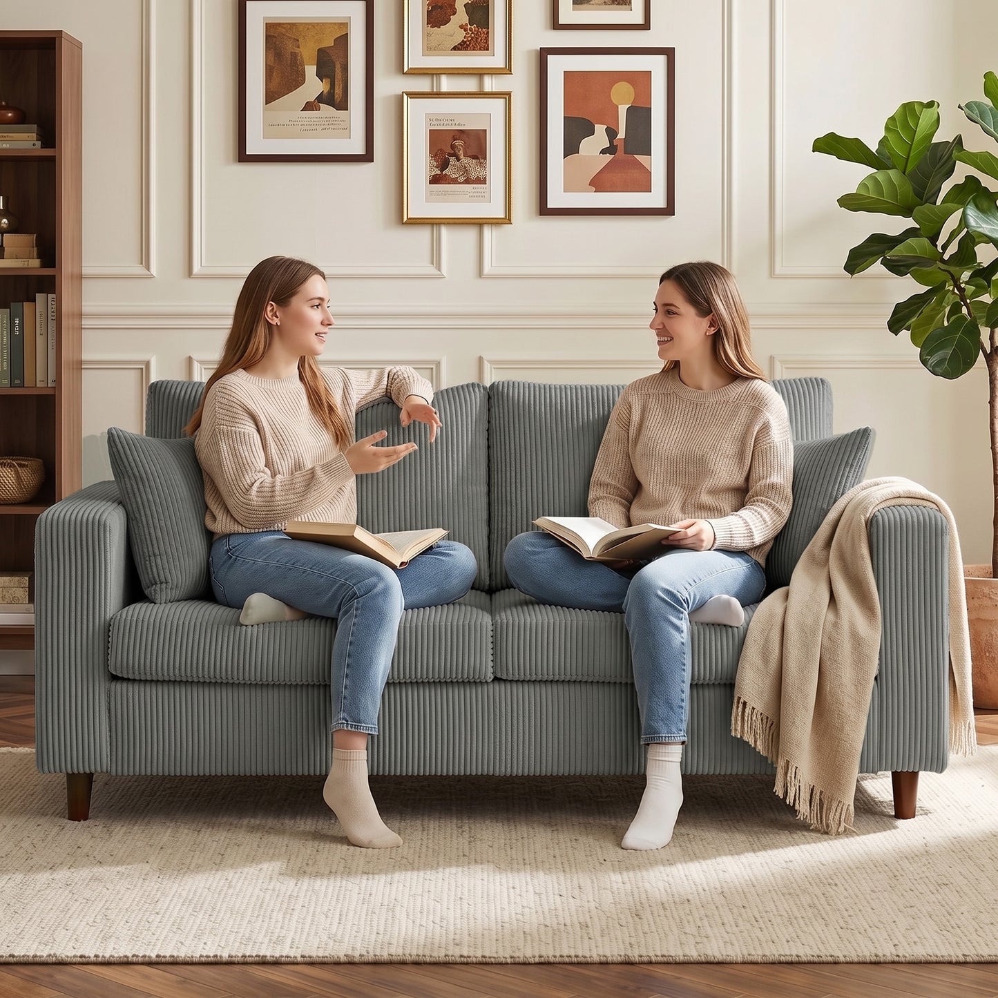 Loveseat Sofa with Wide Seat, Corduroy Upholstered, Light Grey