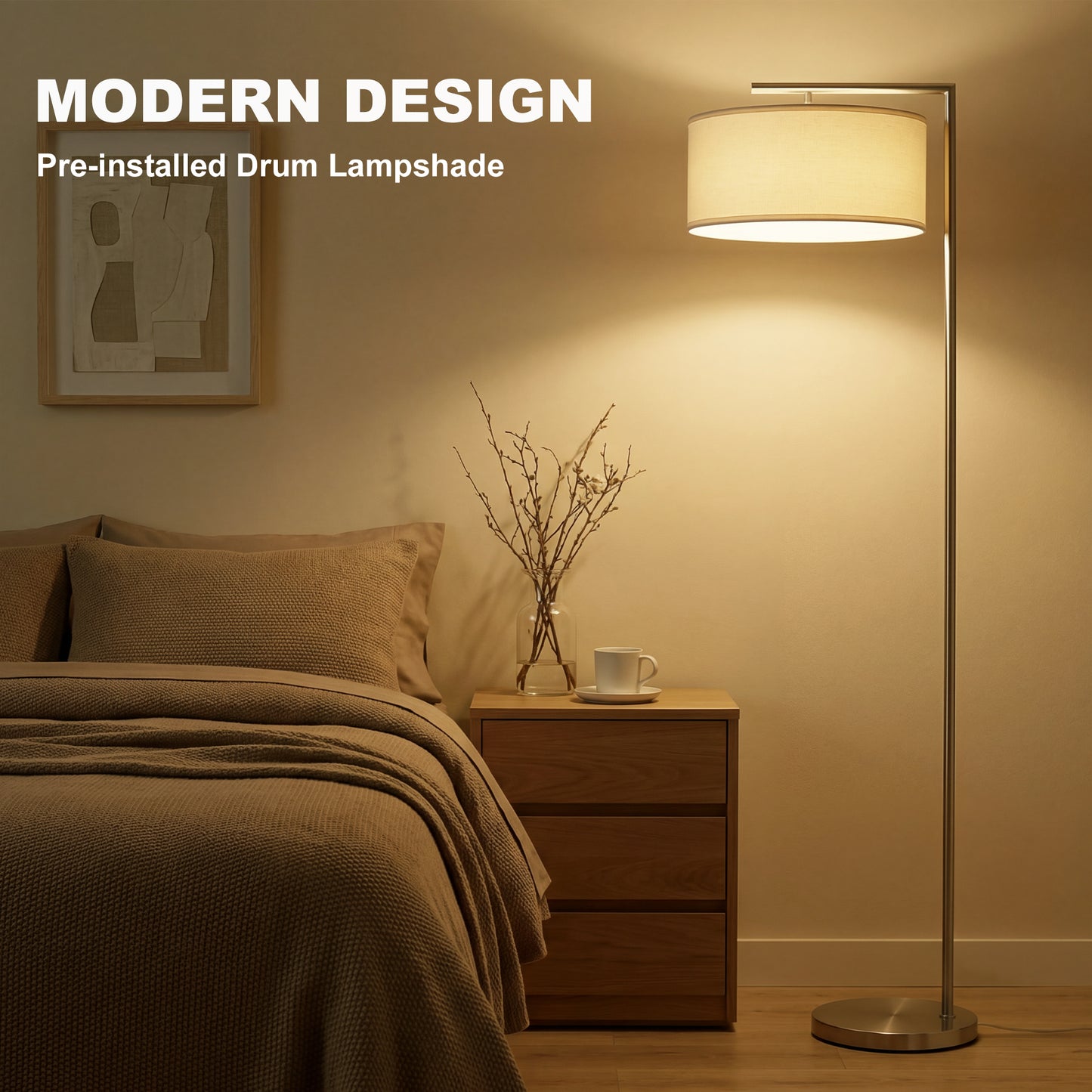 Floor Lamp, Modern Standing Lamp with Linen Lampshade, Silver Tone