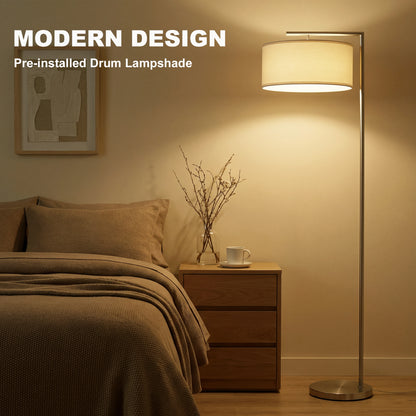 Floor Lamp, Modern Standing Lamp with Linen Lampshade, Silver Tone