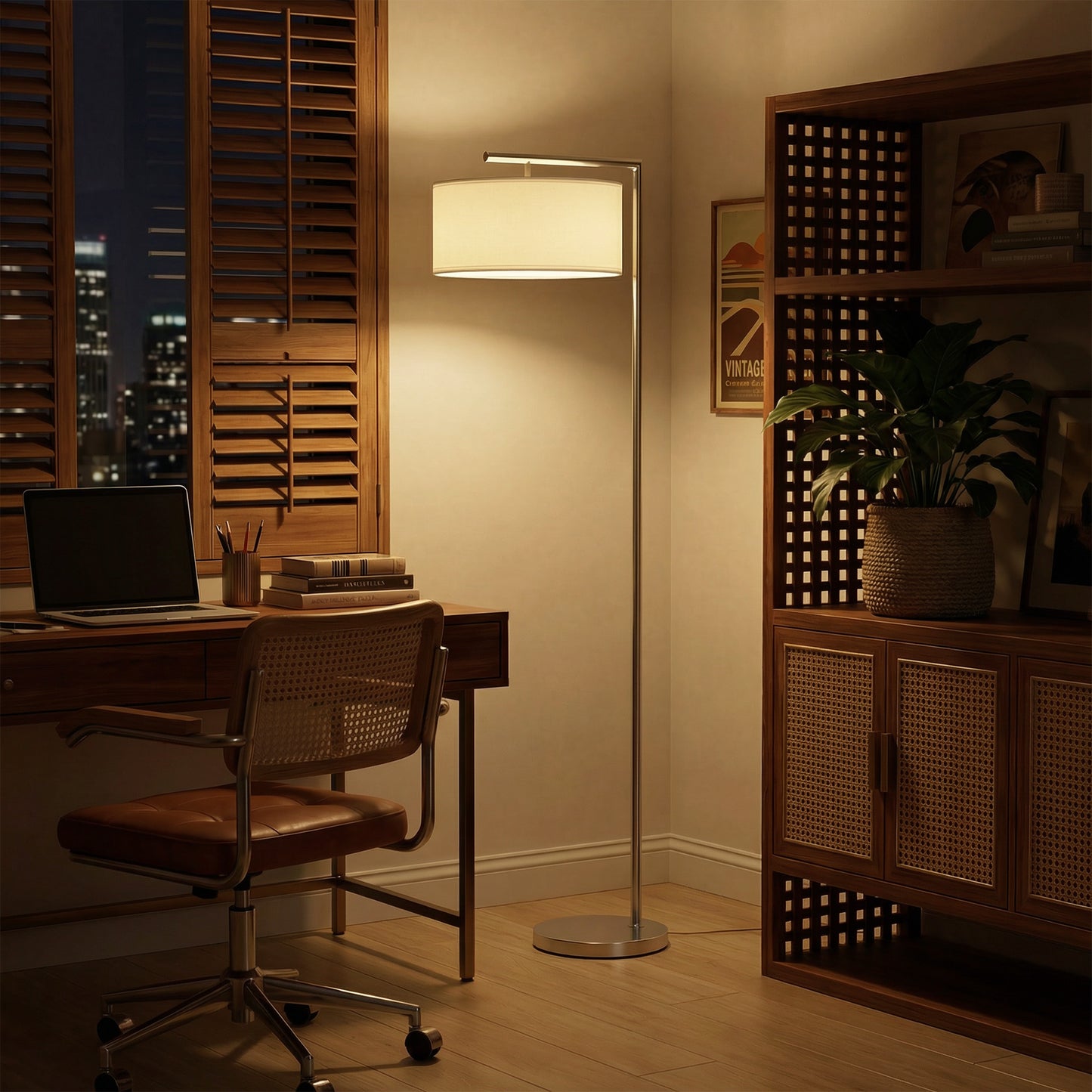Floor Lamp, Modern Standing Lamp with Linen Lampshade, Silver Tone