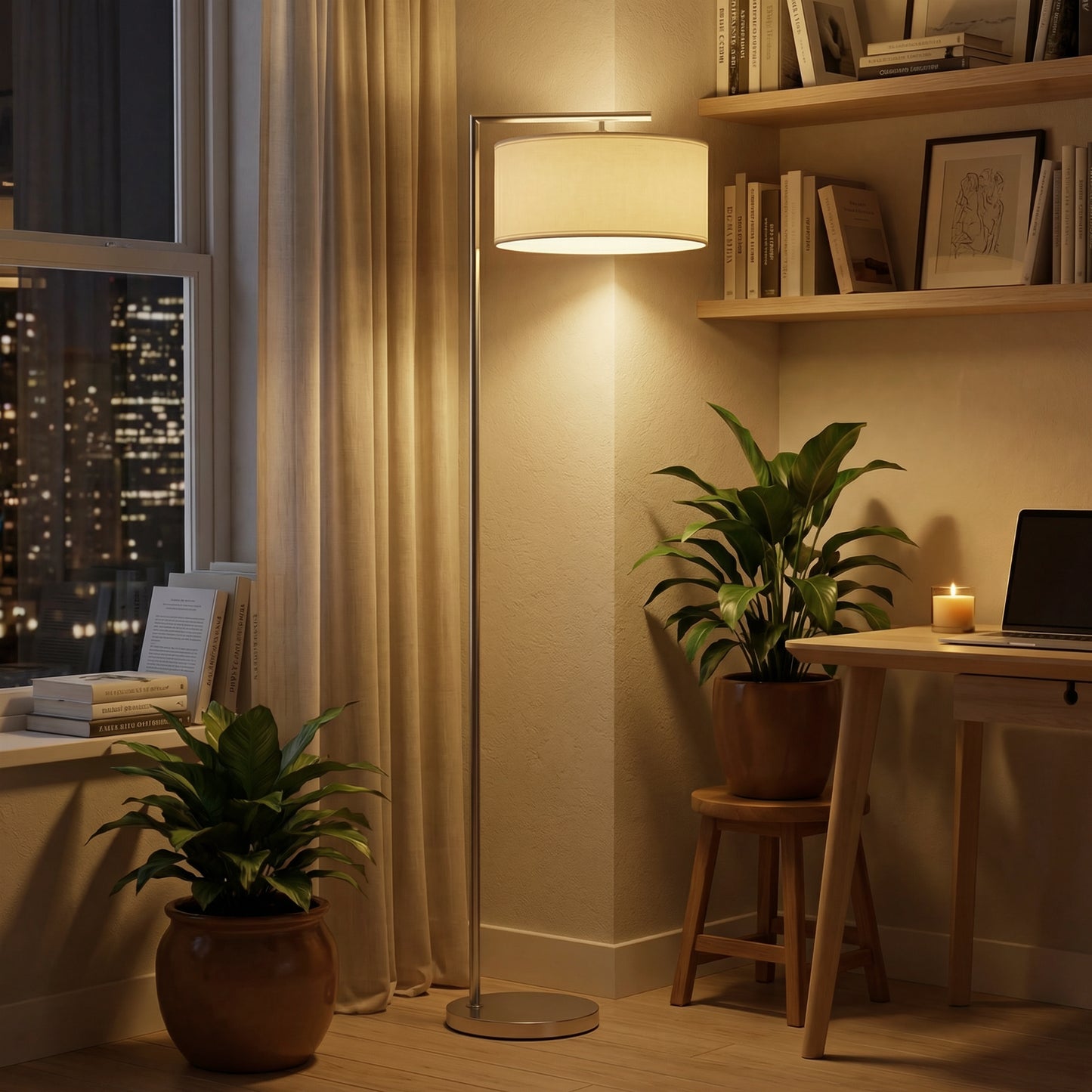 Floor Lamp, Modern Standing Lamp with Linen Lampshade, Silver Tone