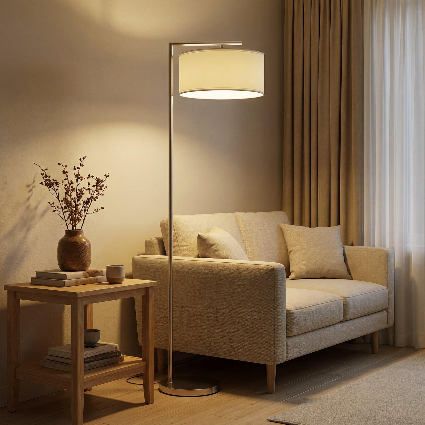 Floor Lamp, Modern Standing Lamp with Linen Lampshade, Silver Tone