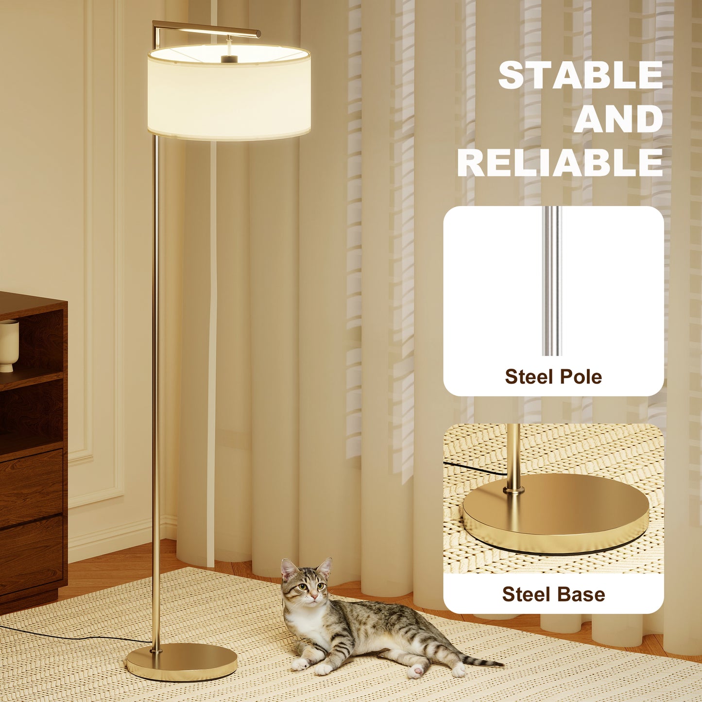 Floor Lamp, Modern Standing Lamp with Linen Lampshade, Silver Tone