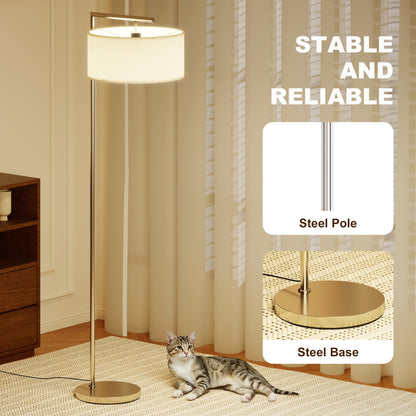 Floor Lamp, Modern Standing Lamp with Linen Lampshade, Silver Tone