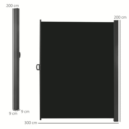 3 x 2m Retractable Sun Side Awning Screen Fence Patio Garden Wall Balcony Screening Panel Outdoor Blind Privacy Divider, Black