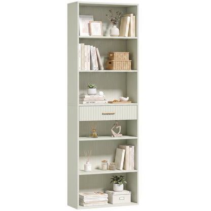 Tall Bookcase with Cubes, 7-Tier Bookshelf with Drawer, Light Green
