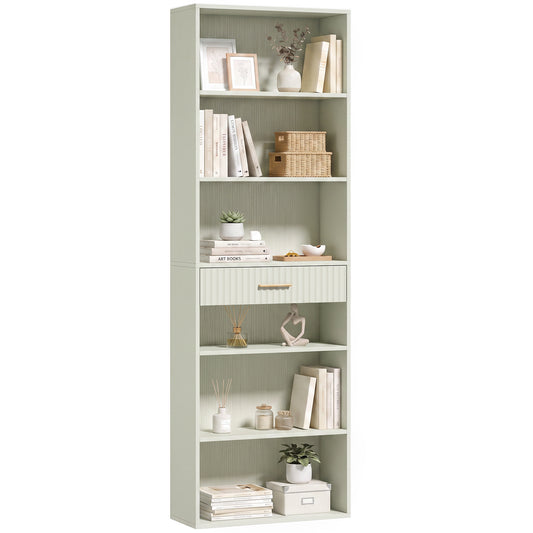 Tall Bookcase with Cubes, 7-Tier Bookshelf with Drawer, Light Green