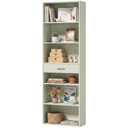 Tall Bookcase with Cubes, 7-Tier Bookshelf with Drawer, Light Green