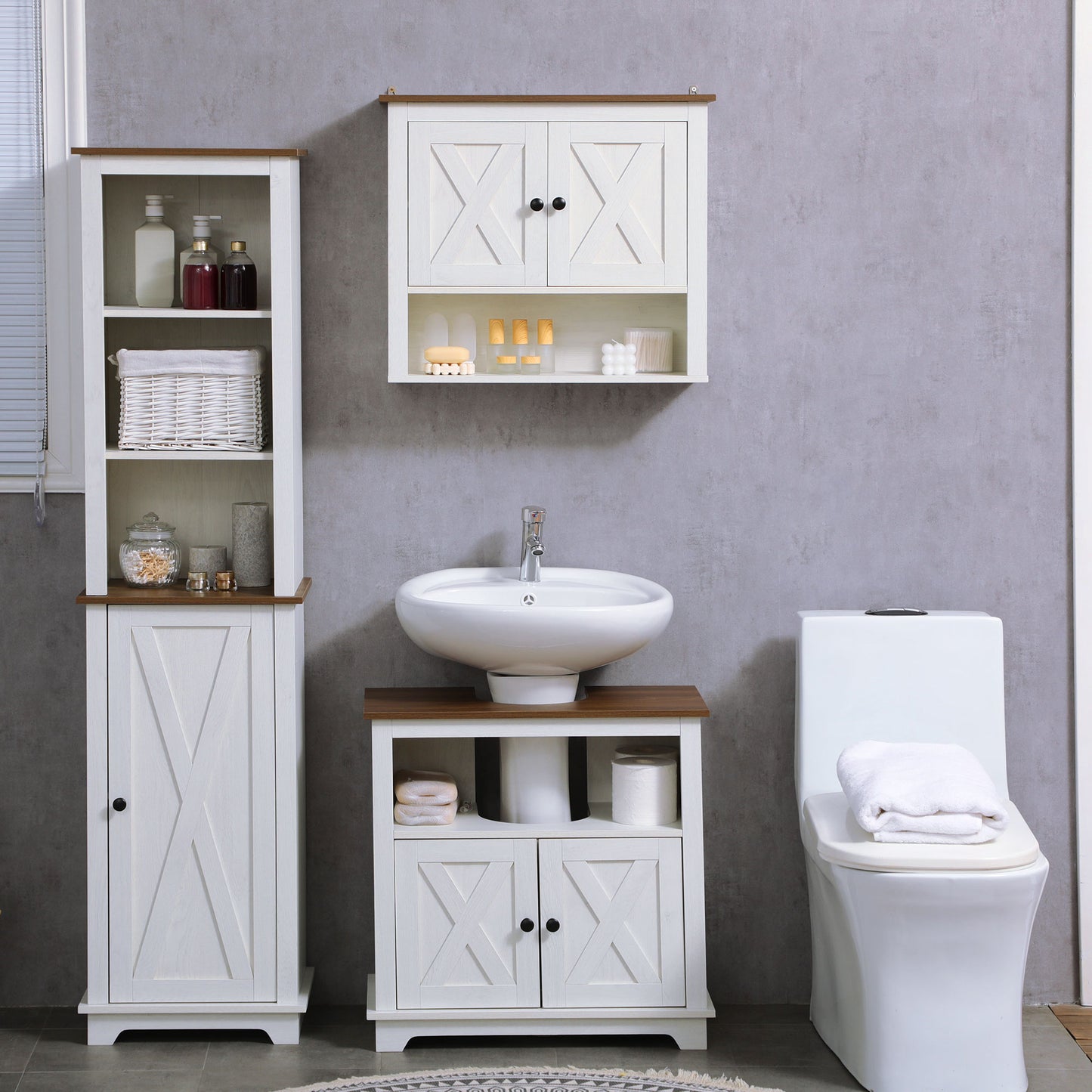 Farmhouse Bathroom Wall Cabinet with Shelves, Ash Wood-Effect