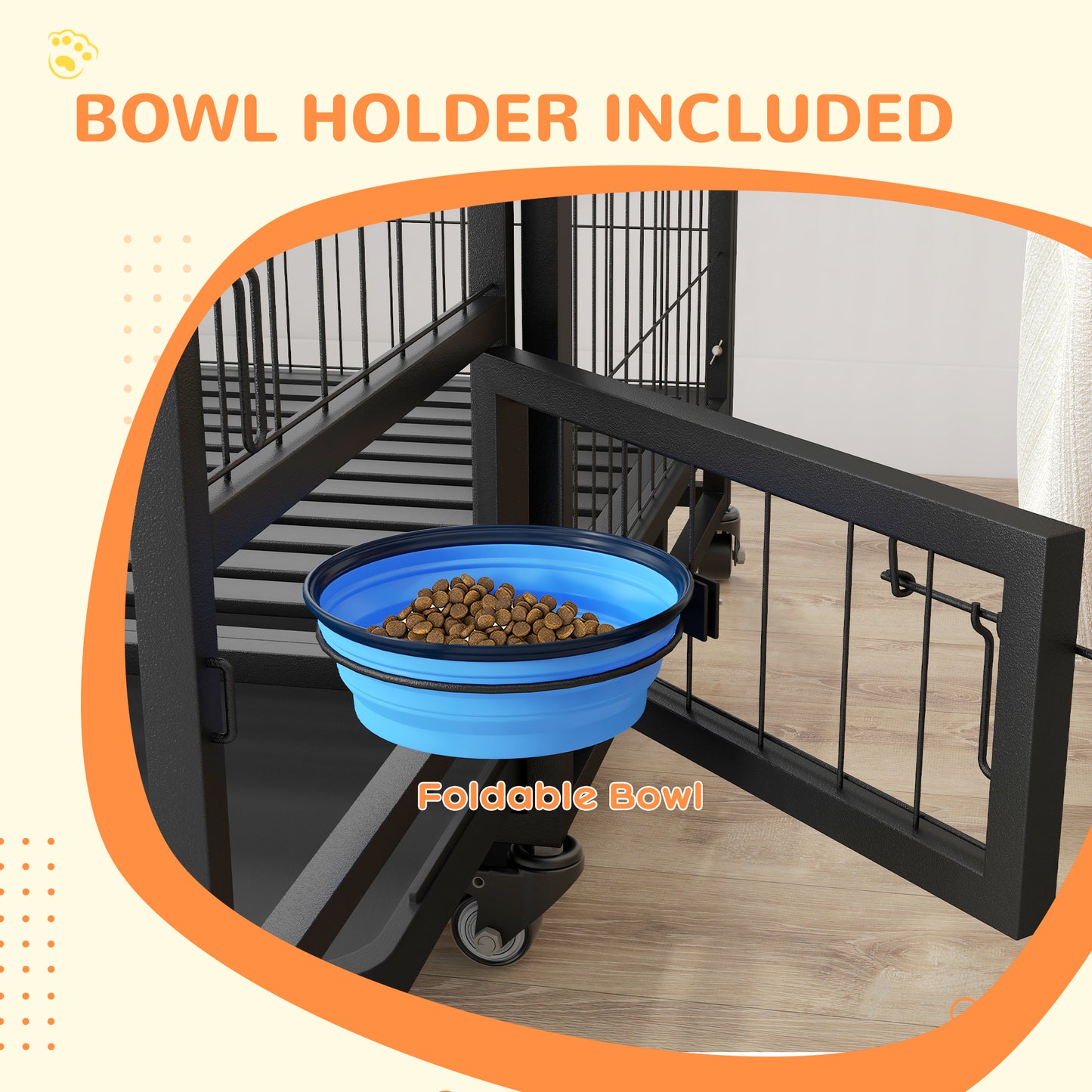 48" Heavy Duty Dog Crate on Wheels w/ Bowl Holder, Removable Tray