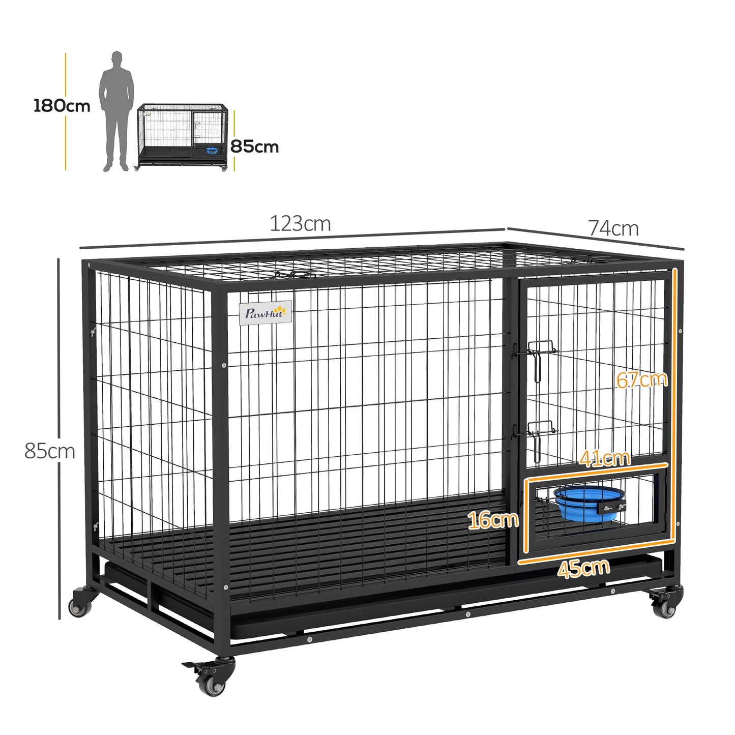 48" Heavy Duty Dog Crate on Wheels w/ Bowl Holder, Removable Tray