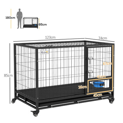 48" Heavy Duty Dog Crate on Wheels w/ Bowl Holder, Removable Tray