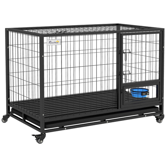 48" Heavy Duty Dog Crate on Wheels w/ Bowl Holder, Removable Tray